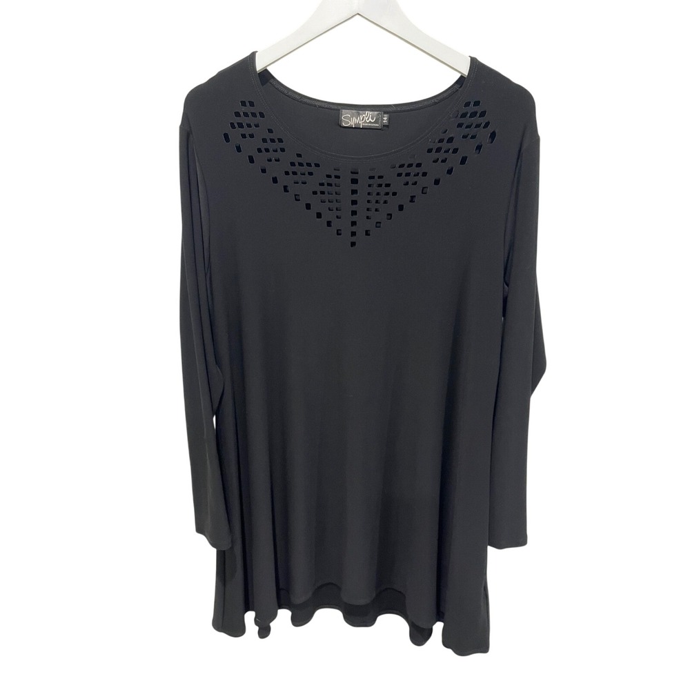 Sympli Womens Tunic Top Black 14 Neck Cutout Long Sleeve Capsule Stretch Minimal